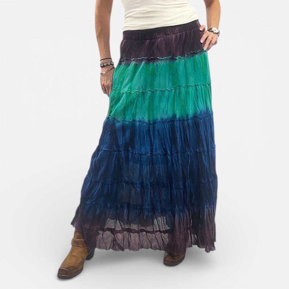 Jewel Toned Tiered Flowy Tie-Dye Boho Hippie Festival Maxi Skirt Sz M